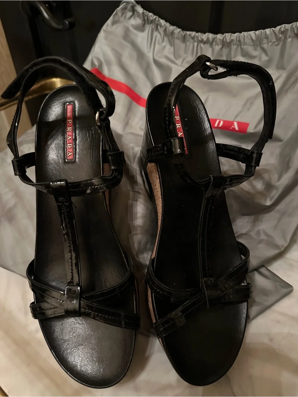 Prada Black Patent Leather Cork-Wedge Sandals